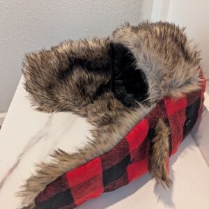 Red and Black Plaid Fur-Lined Trapper Hat